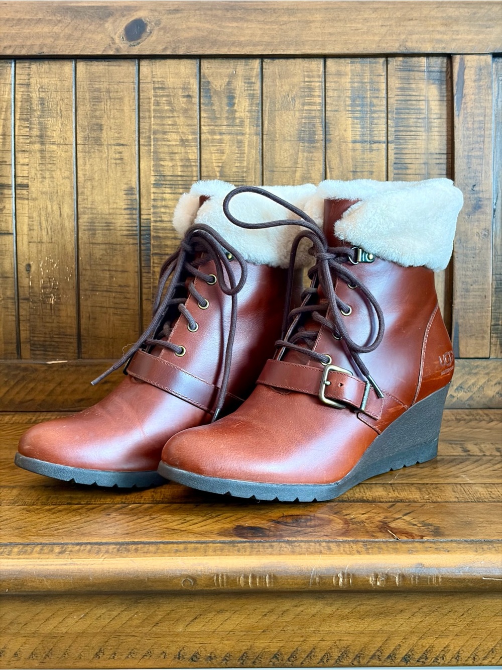 UGG Brown Leather Wedge Lace-Up Boots with Cream Shearling Cuff